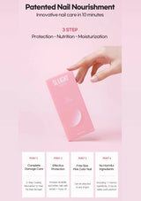 Pink nail care product with hand holding it on a pink background, featuring text about nail nourishment steps.
