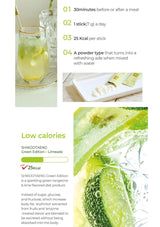 Packaging of SHIKOOTAENG Diet Soda Green Edition Limeade with text and branding,