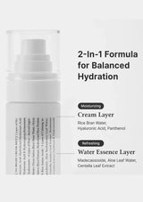 Skincare product with text detailing 2-in-1 formula for balanced hydration on a white background