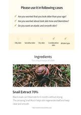 Product information page with snail extract 70% and skin care benefits on a white background