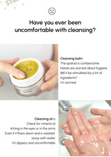 Cleansing balm with text about concerns and solutions for hand hygiene.