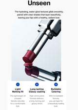 Lipstick with applicator on a white background, featuring text about hydration and texture.