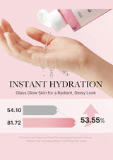 Hand holding a skincare product with text on instant hydration and glass glow skin.