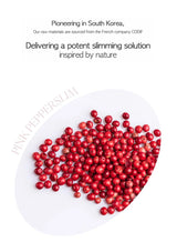 Red berries on a white plate with text about raw materials from French company COOF.