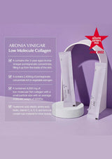 Aronia vinegar product with packaging on a purple background, featuring a star rating.
