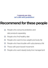 A white informational graphic with blue and black text promoting probiotics. The top reads '1 capsule per day.