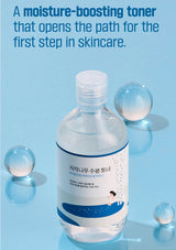 Bottle of moisture-boosting toner with text on a blue background