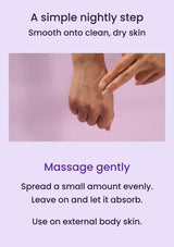 Finger applying cream to the back of the hand, with English daily-use directions
