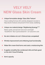 Advertisement for VELY VELY New Glass Skin Cream with product details on a light pink background.