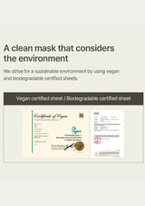 Certified vegan and biodegradable sheet with text on a light gray background