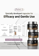 AGE-R Glutathione Glow Capsule Cream packaging with test results on a white background
