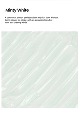 A color swatch card labeled 'Minty White' with a descriptive text block above a large square swatch showing a pale minty off-white creamy texture.