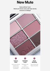 Makeup palette with pink and purple shades on a white background, featuring text about 'New Mute' colors.