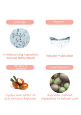 Product ingredients with images and text on a light pink background