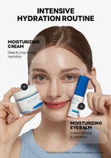 Woman holding moisturizing cream and eye balm with text on an intensive hydration routine.