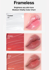 Lip color chart with 'Frameless' lip gloss shades on a white background
