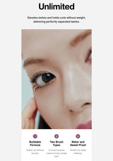 Advertisement for eyelash product with close-up of eye and text highlighting features.