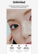Advertisement for eyelash product with close-up of eye and text highlighting features.