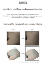 Advertisement for skin care product with before and after images and text about elasticity and pore care.