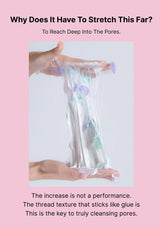 Person stretching a thread-like product against a pink background with text about pore cleansing.