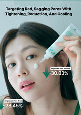 A close-up of a woman applying cream from a white tube labeled 'leaf' to her cheek, with text overlays describing skincare benefits such as tightening, reduction, and cooling.