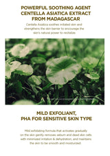 Centella Asiatica plant with text about its soothing and exfoliating properties on a white background