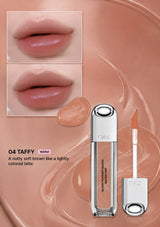 Lip gloss with packaging and application on lips, labeled '04 Taffy'.
