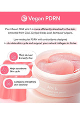 Pink vegan PDRN retinal eye patch jar with several translucent pink patch sheets visible inside, shown on a white background with descriptive text callouts about plant-based DNA, Cica, ginkgo biloba leaf, and bambusa vulgaris.