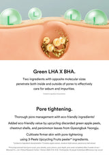 A promotional infographic for a skincare product. The top half features a close-up of human skin with green bubbles labeled 'L' and 'B' surrounding a central pore filled with gold capsules containing 'BHA' and 'LHA' letters.
