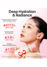 A skincare ad showing a woman holding a bottle labeled 'sum d'uzin' against a soft pink background, with text claiming 'Deep Hydration & Radiance' and usage benefits after 1 use and 4 weeks.