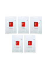 Five white face mask packages with red labels on a white background