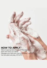 Foamy hands being washed with text on how to apply cleansing foam.