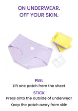 A YTNING heart-shaped fragrance patch attached to the outside of purple underwear, with peel-and-stick directions