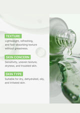 Bottle of skincare product with text describing texture, skin concerns, and skin types.