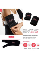 Volexy cell down body shaper arm belt with product features and measurements on a white background