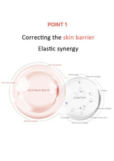 A product infographic on a white background titled 'POINT 1 Correcting the skin barrier Elastic synergy'. It shows two circular cosmetic pads: a pale pink pad labeled '(CLD Mucin Act-3)' and a white pad labeled 'Collagen' with ingredient callouts, plus surrounding text describing skin barrier correction.