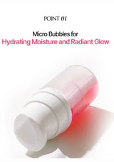 A clear cylindrical cosmetic bottle filled with pink liquid, shown on its side with a white pump dispenser. Above it, text reads 'POINT 01' and 'Micro Bubbles for Hydrating Moisture and Radiant Glow' on a white background.