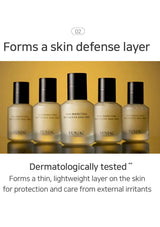 Yunjac skincare products with text about forming a skin defense layer and being dermatologically tested.