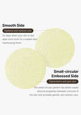 Two round, yellow cleansing pads with text describing their uses on a white background.