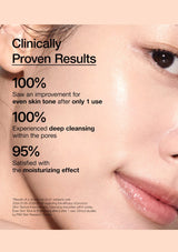 Close-up of a person's face with text highlighting skincare product results.