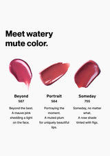 Three swatches of lip color with descriptions on a white background