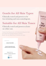 A hand holds a pink tube of Medlcube No Cast Sunscreen SPF 50, dispensing a white cream in a zigzag pattern. The background is a soft pink with text highlighting its suitability for all skin types and a clinical trial report inset.