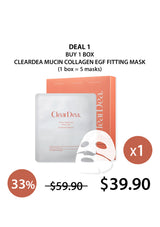 ClearDea mucin collagen EGF fitting mask packaging with promotional text on a white background