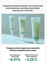 Three tubes of Clear Skin Temperature Reducing Cream arranged on a light surface, with promotional text above and below describing skin benefits and temperature reduction results.