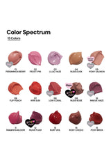 Color spectrum chart with 15 lipstick shades on a white background