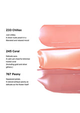 Three shades of peachy lip gloss with descriptions on a white background