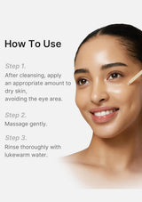 Instructional graphic titled 'How To Use' showing a woman's face with a skincare product being applied, alongside three steps for cleansing, massage, and rinsing.