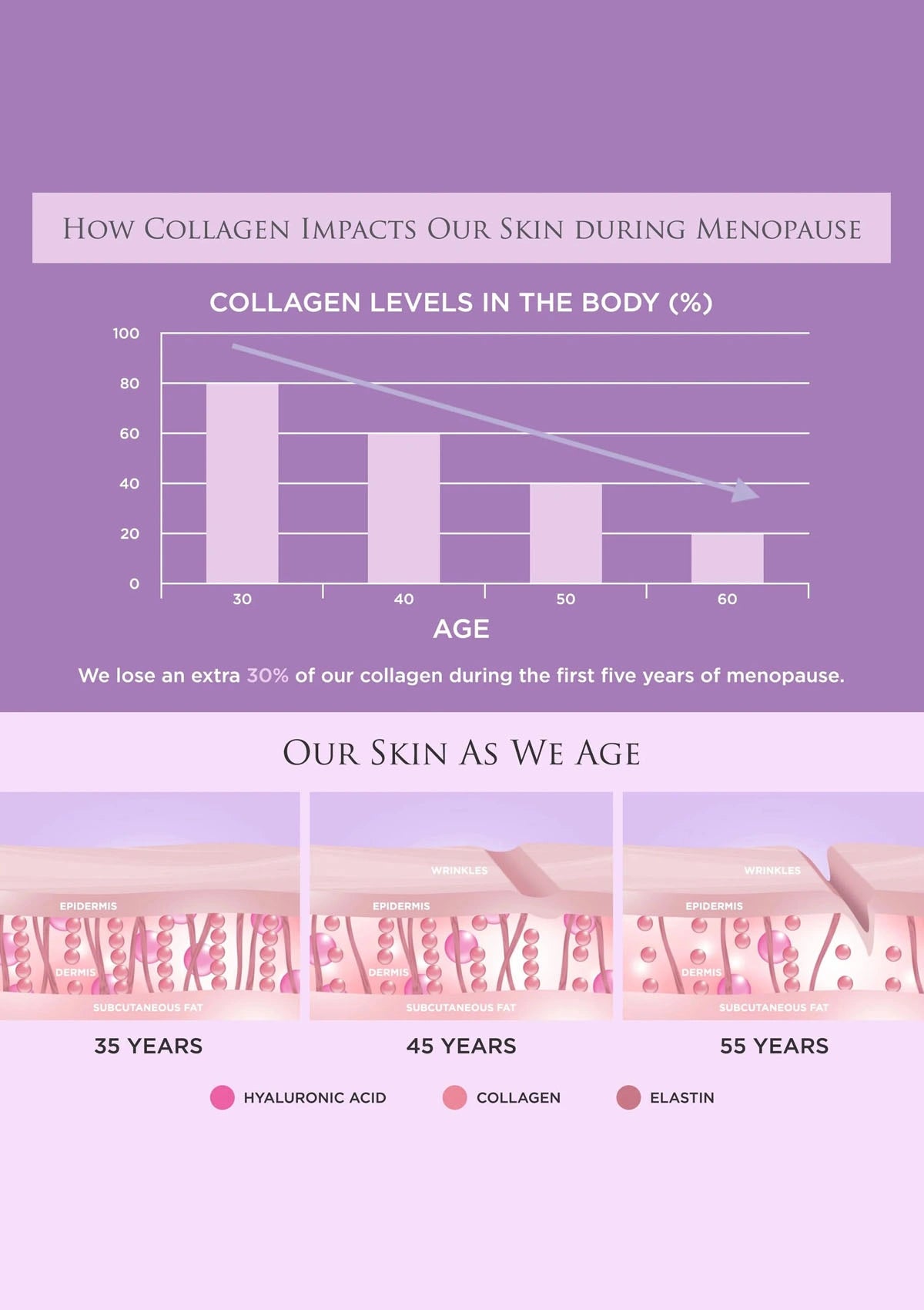 Infographic on how collagen impacts skin during menopause with a graph and illustrations.