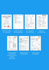 Collection of various patent documents from different countries on a blue background