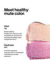 Cosmetic swatches labeled 'Shell' and 'Daydream' with text describing colors and shimmers.